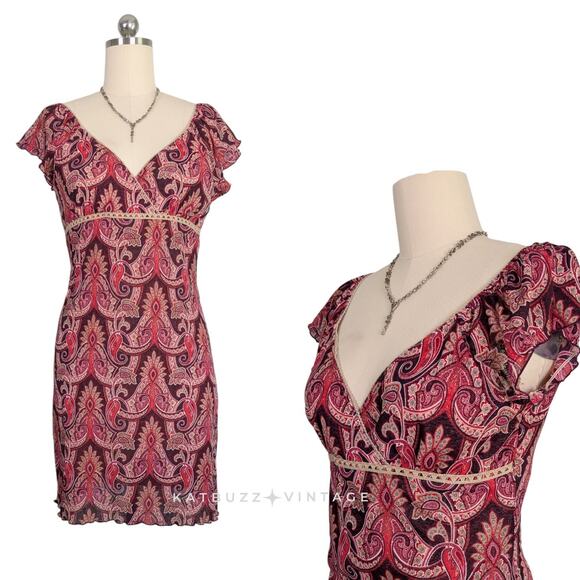 Y2K Babydoll Dress L Red Vintage Floral Paisley Beige Ribbon Feminine Dainty - Picture 3 of 11